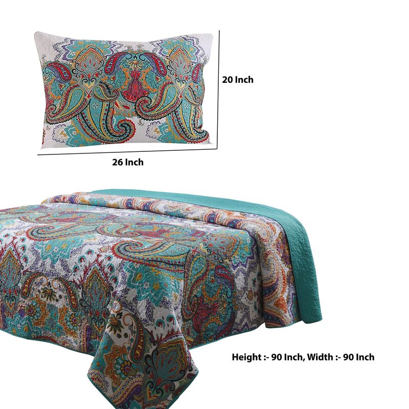 3 Piece Queen Size Cotton Quilt Set with Paisley Print, Teal Blue - Benzara