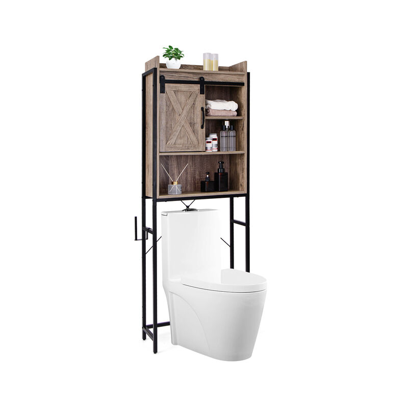 4-Tier Multifunctional Toilet Sorage Cabinet with Adjustable Shelf and Sliding Barn Door