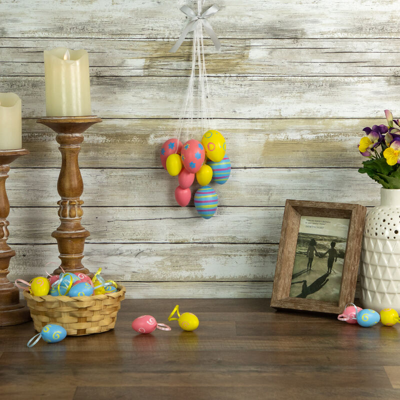 15" Pastel Pink  Yellow and Blue Floral Striped Spring Easter Egg Cluster Hanging Decoration
