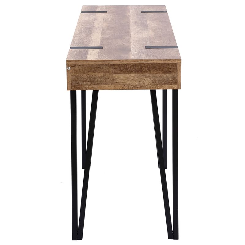 LuxenHome Oak Finish MDF Wood Black Metal Console Entry Table
