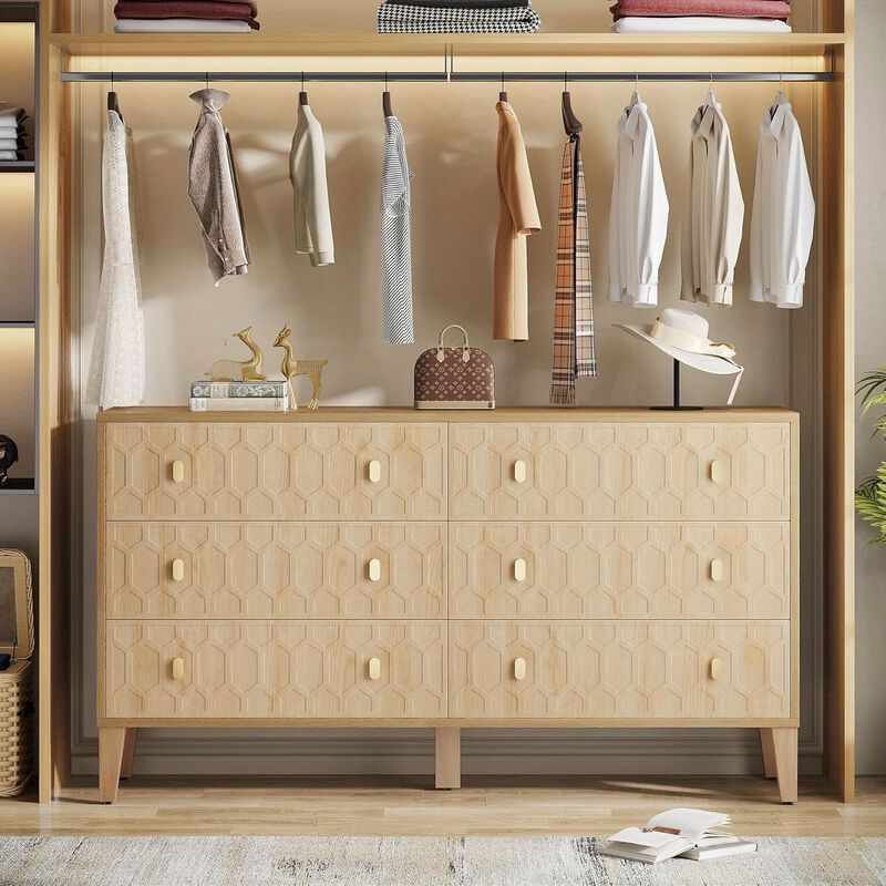 55-Inch Chest Of Drawers, Wood 6-Drawer Double Wide Dresser With Solid Wooden Legs, Large Dresser Chest Cabinet For Closet, Living Room, Entryway