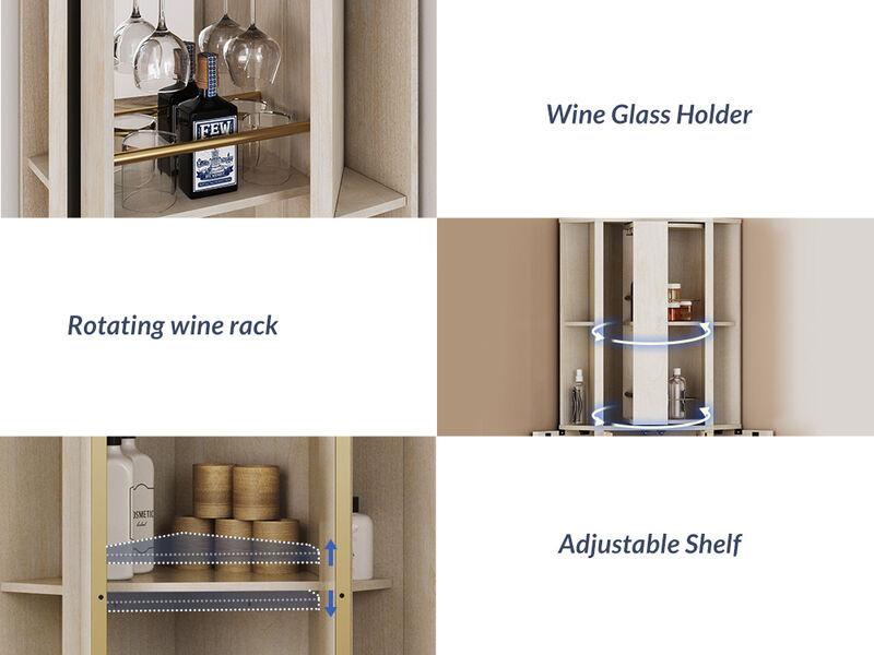 BELLEZE 68" Tall Farmhouse Corner Bar Storage Cabinet with Rotating Wine Rack, Modern Home Bar Liquor Storage Cabinet for Dining Room, Living Room & Kitchen, White Sand