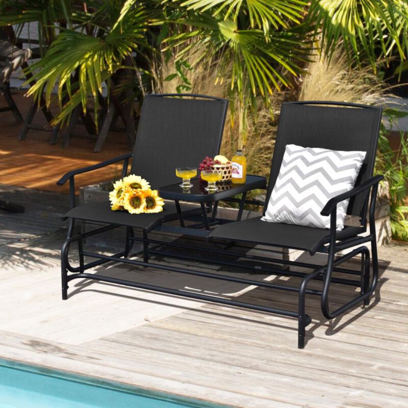 Hivvago 2-Person Double Rocking Loveseat with Mesh Fabric and Center Tempered Glass Table