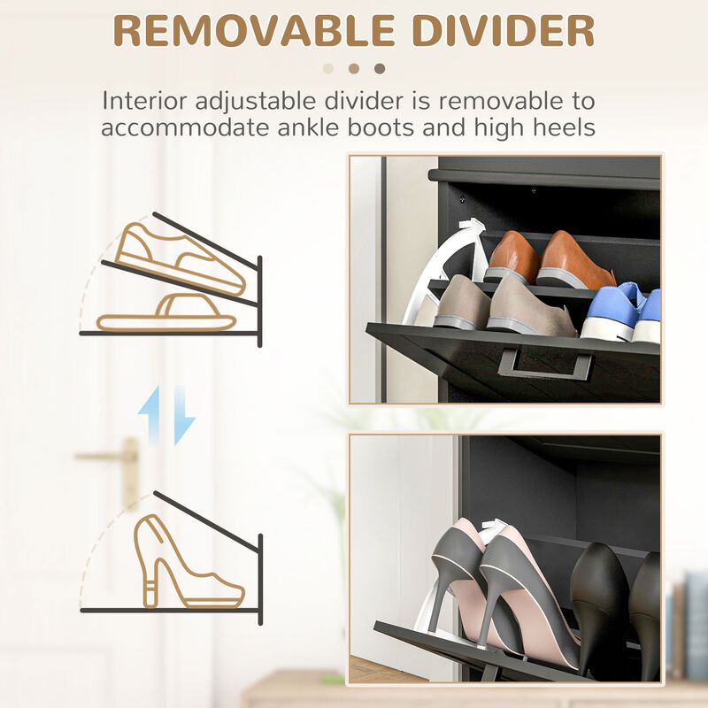 Black Shoe Cabinet: 2 Flip Drawers, 10-Pair Capacity