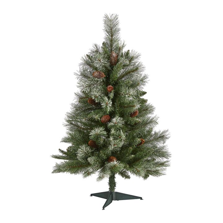 Nearly Natural Snowed French Alps Mountain Pine Artificial Christmas Tree with Bendable Branches and Pine Cones