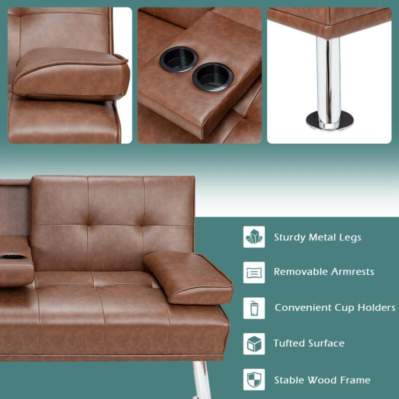 Hivvago Convertible Folding Leather Futon Sofa with Cup Holders and Armrests