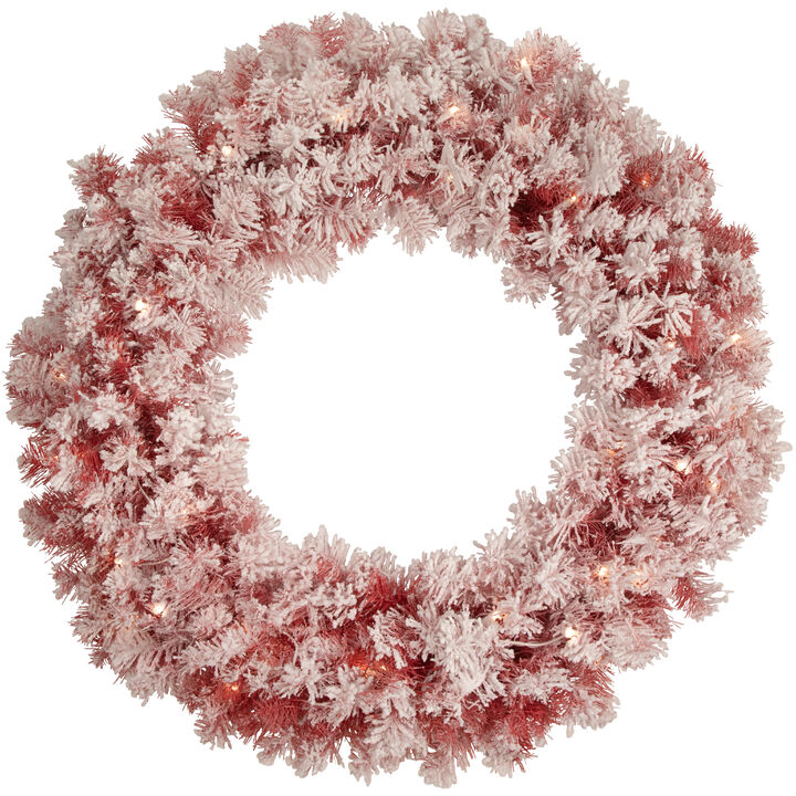 Pre-Lit Flocked Red Artificial Christmas Wreath  36 Inch  Clear Lights