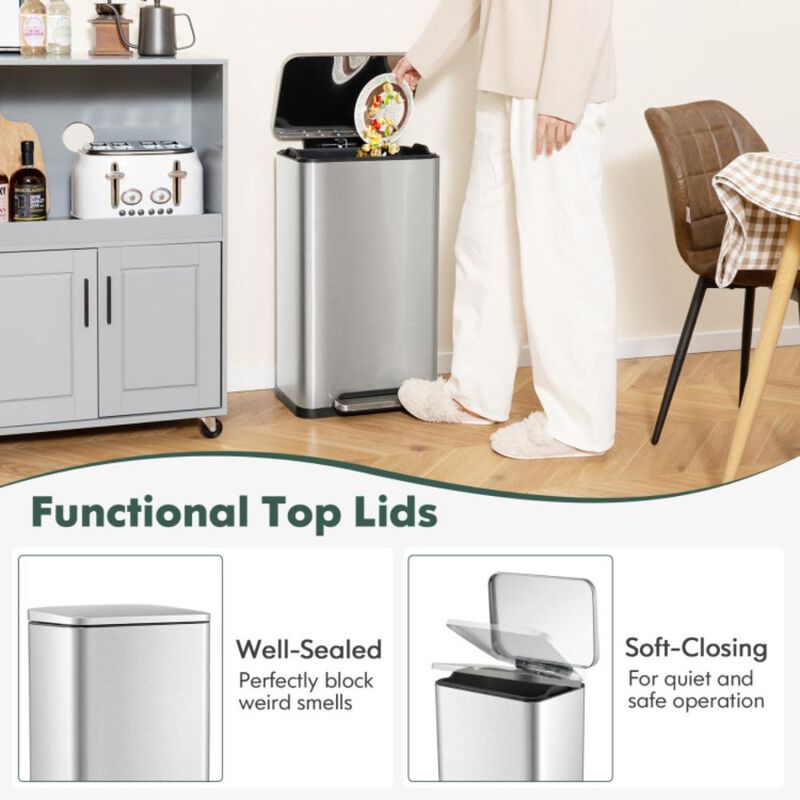 Hivvago 10.5 Gal and 1.6 Gal Step Trash Can Combo Set with Detachable Inner Buckets-Silver