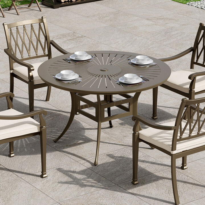 Mondawe 48" Powder Coated Round Cast Aluminum Outdoor Dining Table with 2.1 inch Umbrella Hole