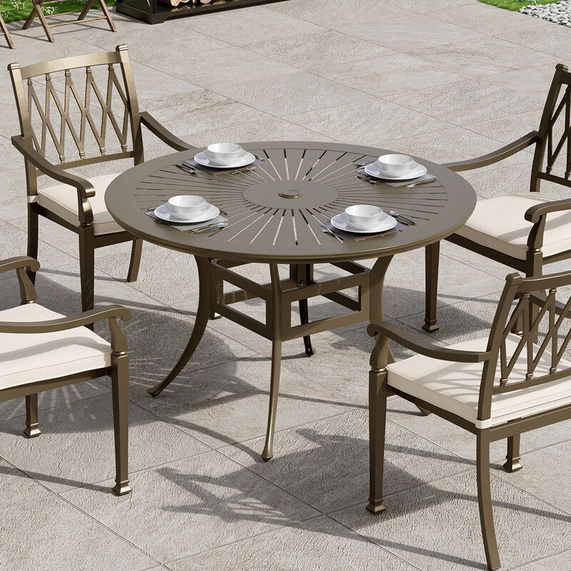 Mondawe 48" Powder Coated Round Cast Aluminum Outdoor Dining Table with 2.1 inch Umbrella Hole