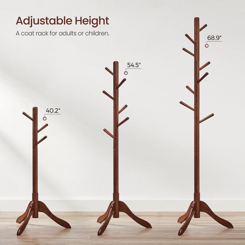 Coat Rack with 8 Hooks, Solid Wood Coat Tree Free Standing