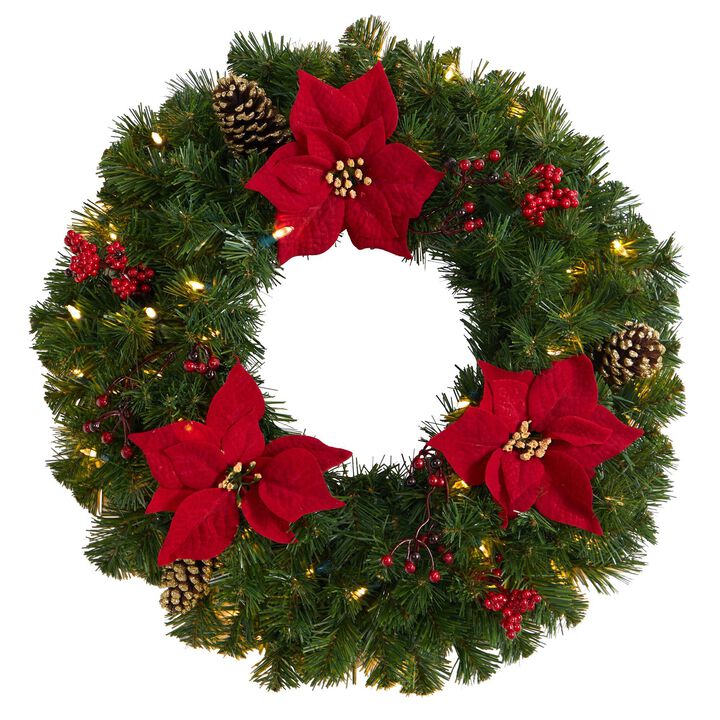 Nearly Natural 24-in Poinsettia, Berry and Pinecone Artificial Wreath with 50 Warm White LED Lights