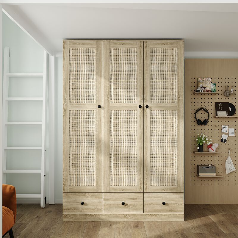 FUFU&GAGA Natural Wood Wardrobe with Shelves, Drawers, and Hanging Space, (47.2" W x 18.9" D x 70.9" H)，Brown