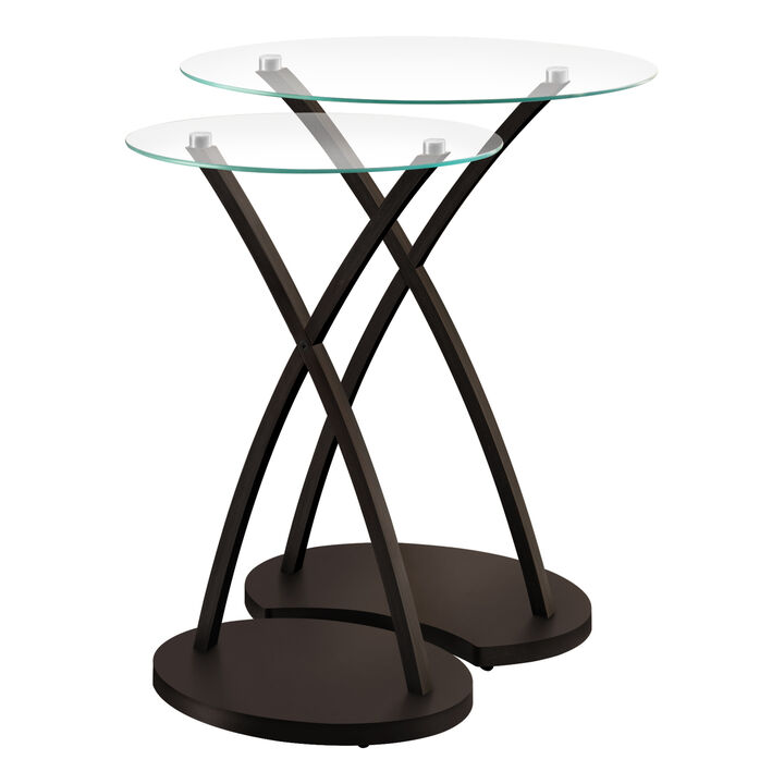 Monarch Specialties I 3013 Nesting Table, Set Of 2, Side, End, Accent, Living Room, Bedroom, Wood, Tempered Glass, Brown, Clear, Contemporary, Modern