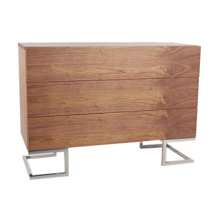 Sam 39 Inch Dresser, 3 Drawers, Sleek Chrome Steel Legs, Walnut Brown Wood - Benzara