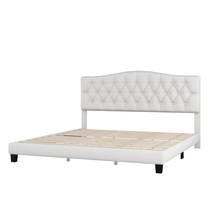 Cody King Size Platform Bed with Diamond Button Tufted Headboard, Beige - Benzara