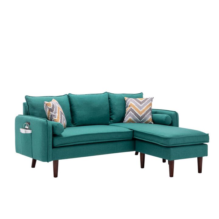 Ranon 70 Inch Sectional Chaise Sofa, Pillows, USB Ports, Side Pockets, Teal - Benzara
