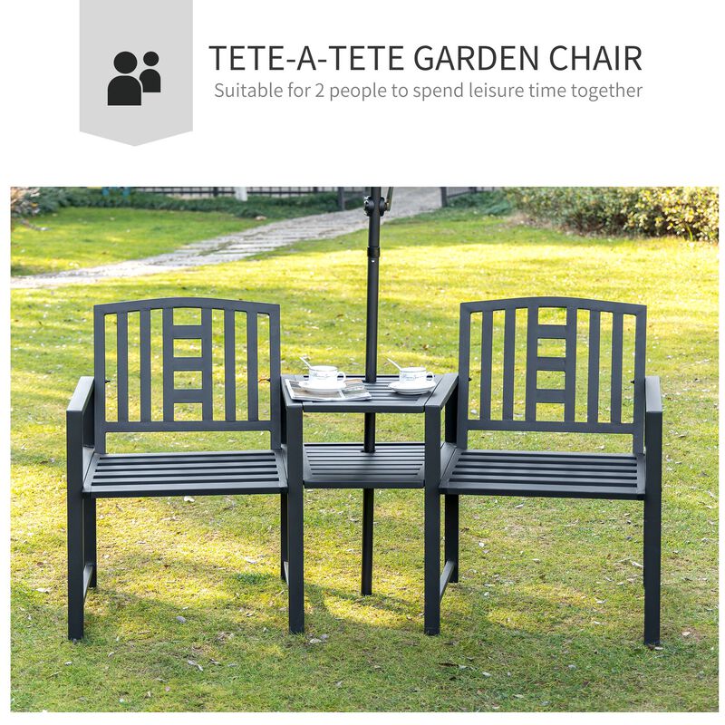 Metal Garden Seating: Loveseat Bench with Table and Umbrella Hole