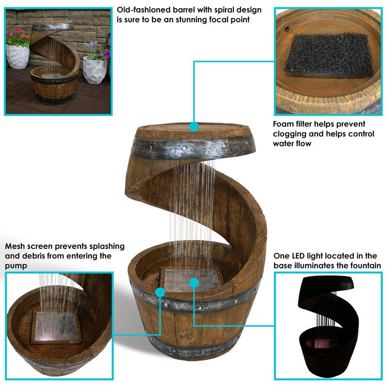 Sunnydaze Spiraling Barrel Outdoor Water Fountain with LED Lights - 25 in