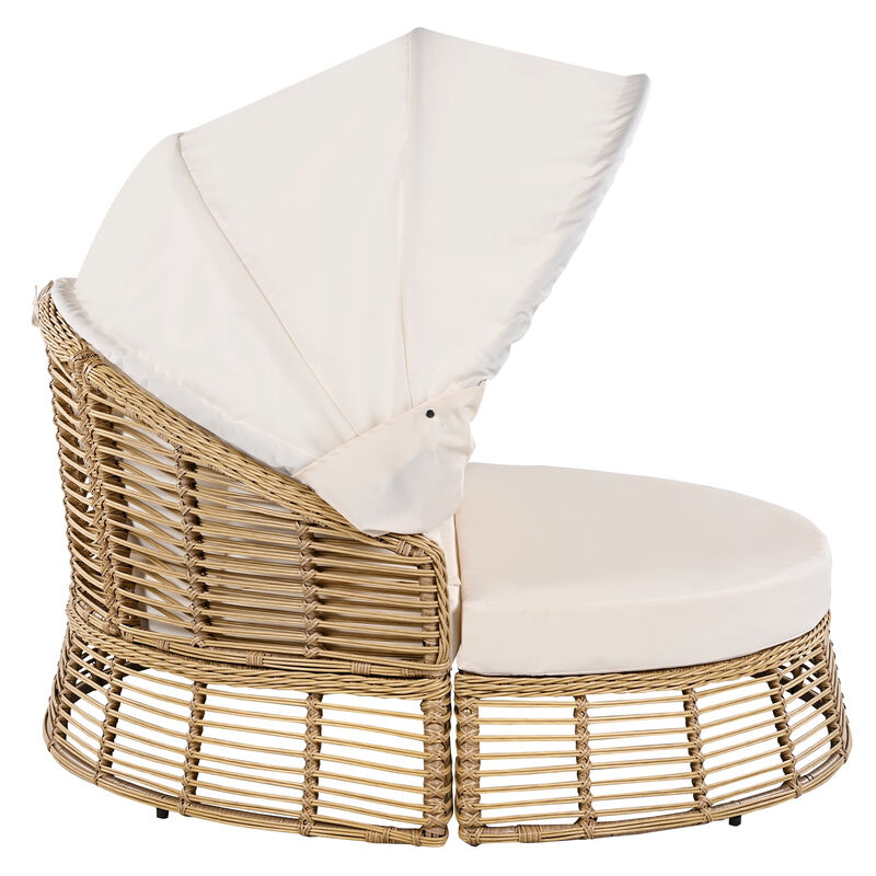 Whisen Outdoor Patio Rattan Round Daybed with Retractable Canopy, Poolside Sofa Sunbed with Removable Cushions - Beige