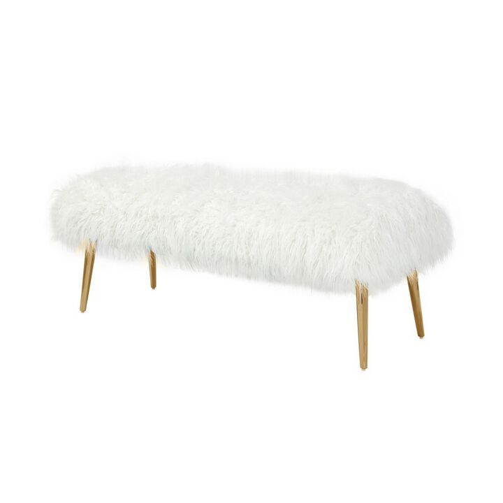 Ammy 45 Inch Bench, White Faux Fur Padded Seat, Glam Gold Metal Finish - Benzara