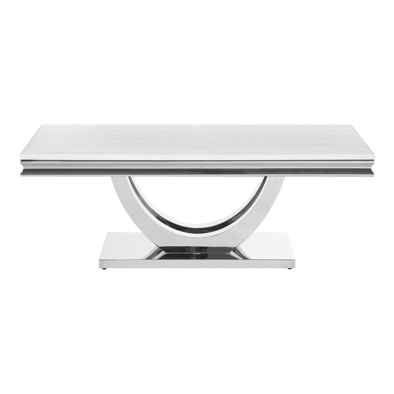 Kas 51 Inch Rectangular Coffee Table, White Stone Top, Polished Chrome Base - Benzara