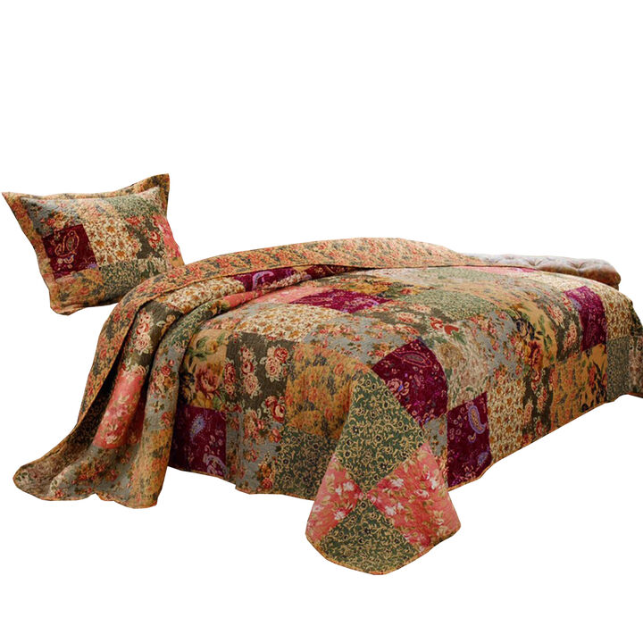 Kamet 2 Piece Fabric Twin Size Quilt Set with Floral Prints, Multicolor - Benzara