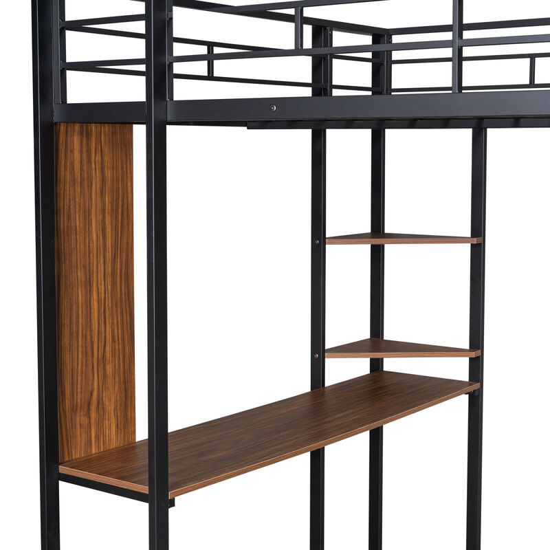 Full Size Metal Loft Bed With 2 Shelves And One Desk