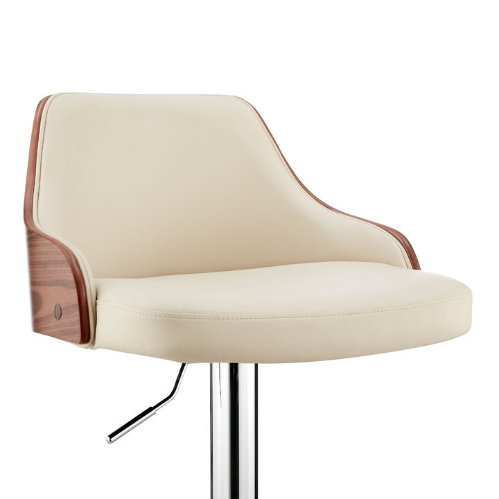 Faux Leather and Metal Adjustable Bar Stool, Cream and Silver-Benzara
