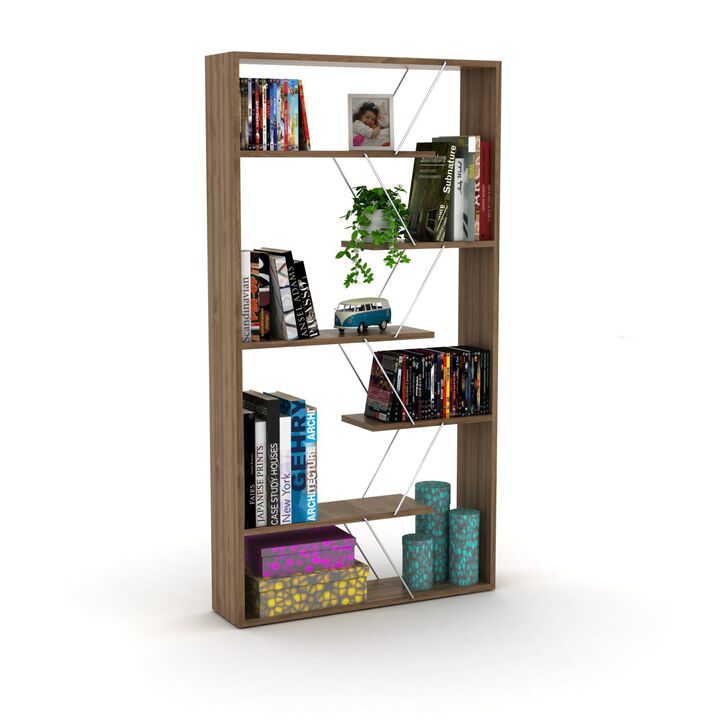 Wood Frame Etagere Open Back 6 Shelves Bookcase Industrial Bookshelf
