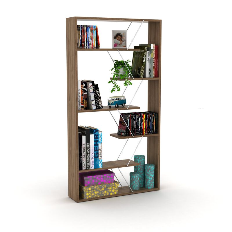 Wood Frame Etagere Open Back 6 Shelves Bookcase Industrial Bookshelf