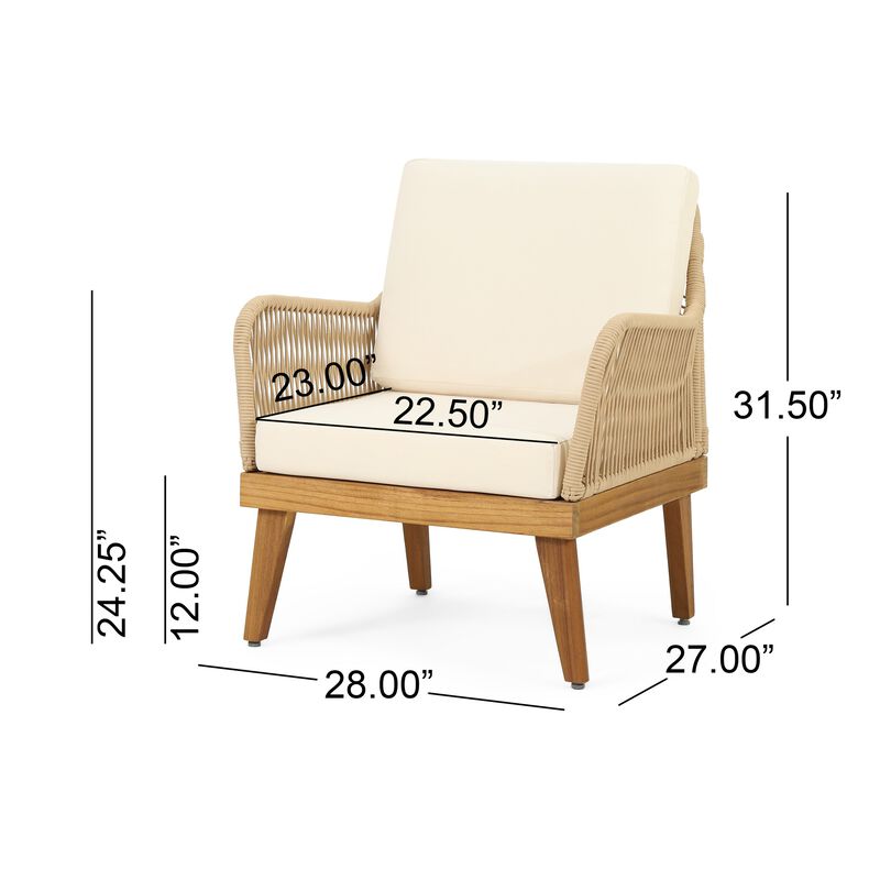 Oud Accent Club Chair, Ivory Cushions, Rope Weaving, Brown Acacia Wood - Benzara