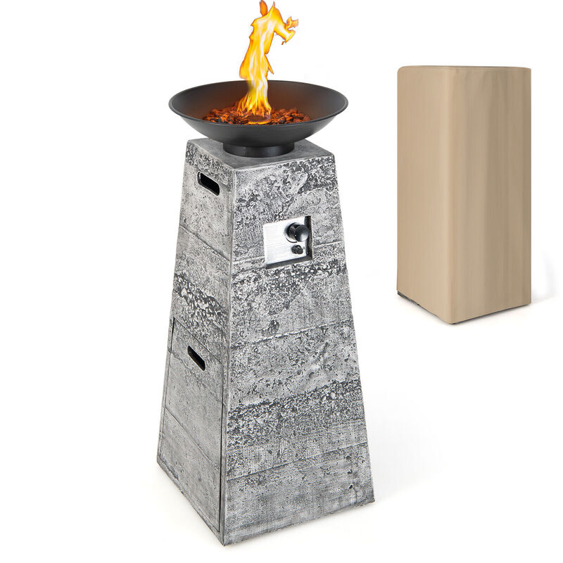 48 Inch Propane Fire Bowl Column with Lava Rocks and PVC Cover-Grey