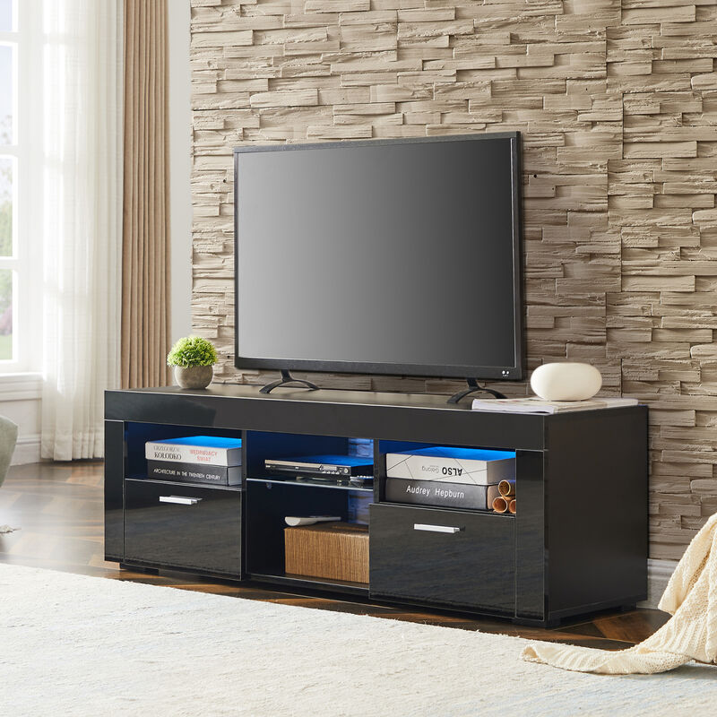 Black Modern TV Stand with LED Lights, high glossy front TV Cabinet, can be assembled in Lounge Room