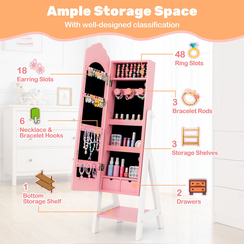 2 Pieces Kids Vanity Set and Jewelry Armoire Cabinet with Full-length Mirror