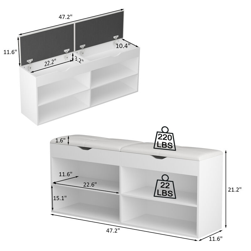 21.2 in. H x 47.2 in. W, White Wooden Shoe Storage Cabinet with Seating Cushion Open Shelf and Hiden Place (for 8 Pairs)