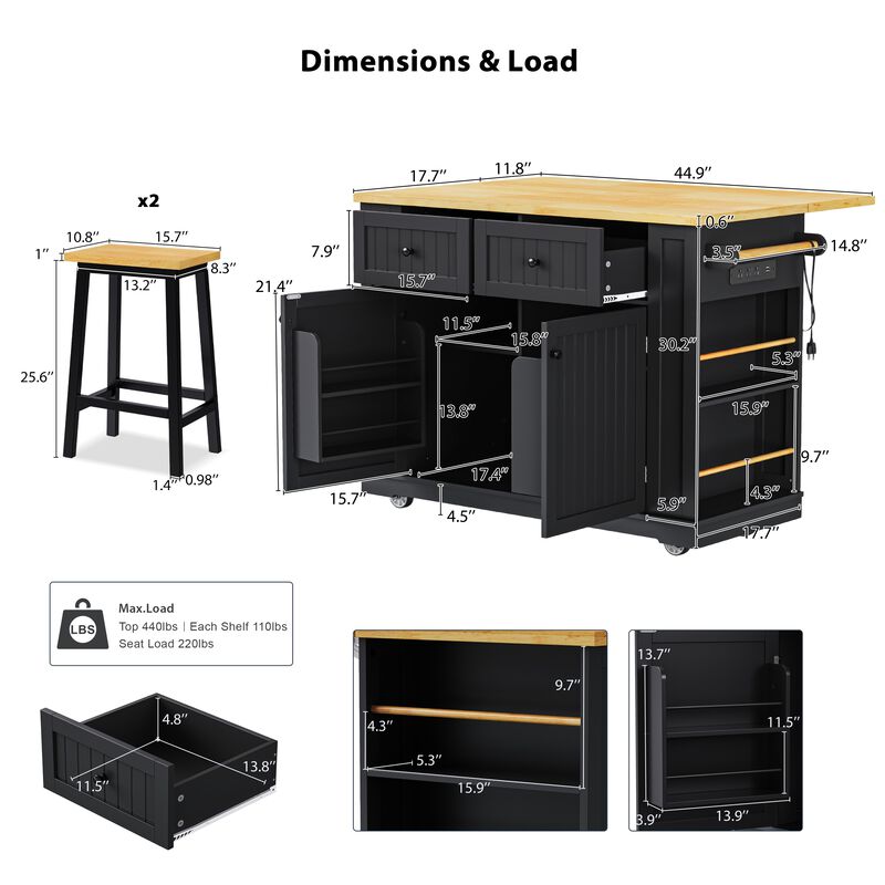 Merax Modern Kitchen Island with 2 Bar Stools