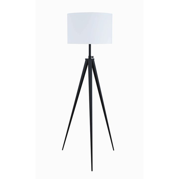 Height Adjustable Metal Tripod Floor Lamp with Fabric Shade, White and Black-Benzara