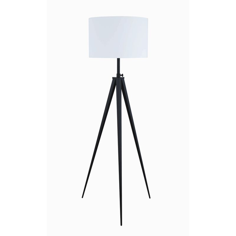 Height Adjustable Metal Tripod Floor Lamp with Fabric Shade, White and Black-Benzara