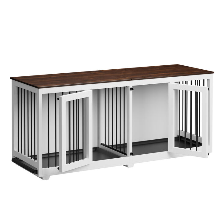 71 in. Heavy-Duty Wooden Dog Crate for 2 Dogs, XXL Large Dog Crate Furniture with Trays and Divider for Large Medium Dog
