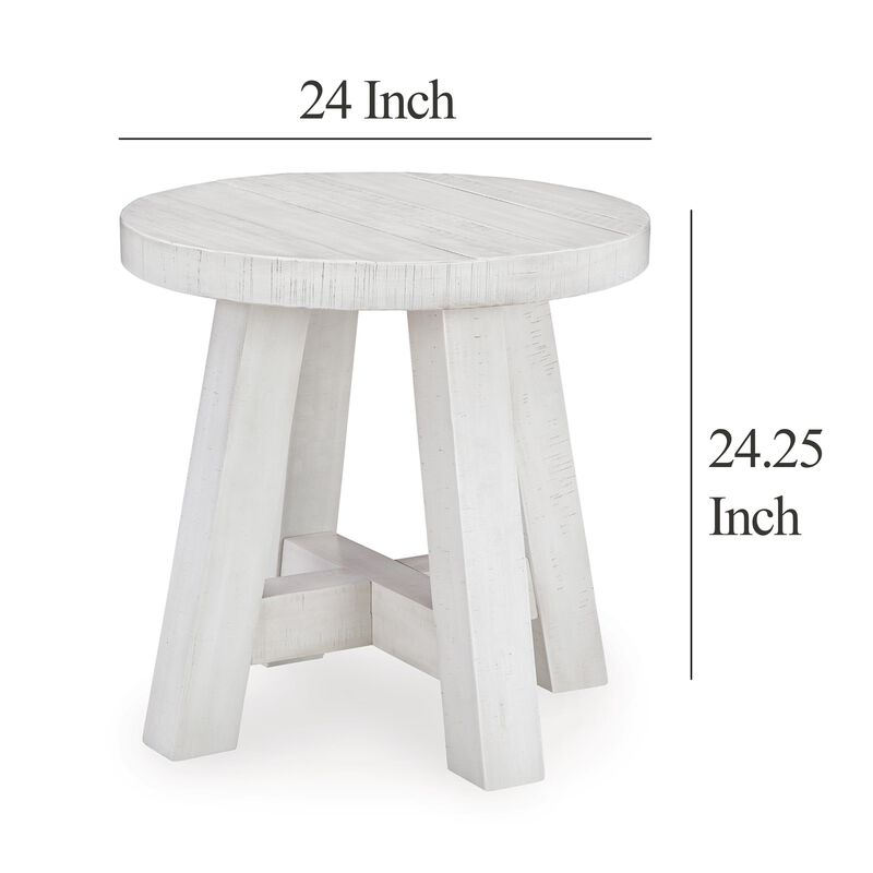 Linie Round Side End Table, Rustic Posts, 24 Inch White Pine Wood - Benzara