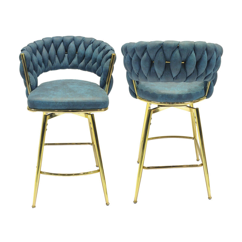 Blue Upholstered Bar Stools Set Of 2 With Swivel