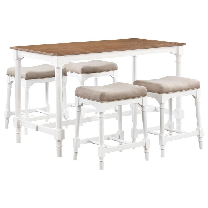 Hima 5 Piece Counter Height Table Set with 4 Stools, Beige Fabric, White - Benzara