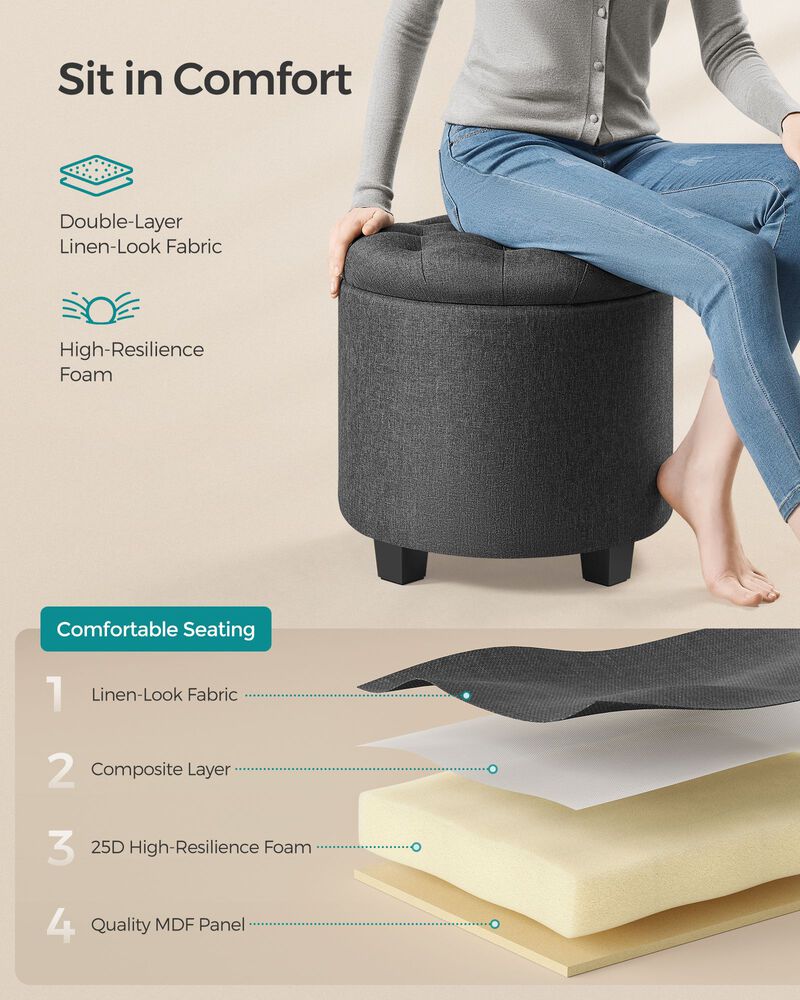 Linen Fabric Storage Ottoman Bench - Dark Gray Footstool with Foam Padded Seat and Solid Wood Legs