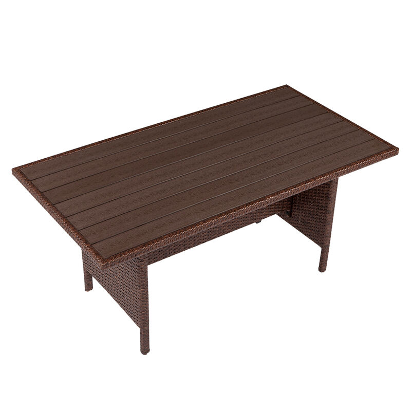 8-Piece Outdoor Rattan Dining Set, Wood Grain with Khaki Cushions