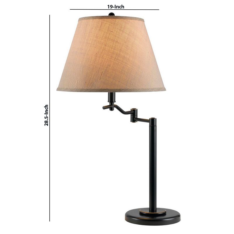 3 Way Metal Body Table Lamp with Swing Arm and Conical Fabric Shade, Black-Benzara