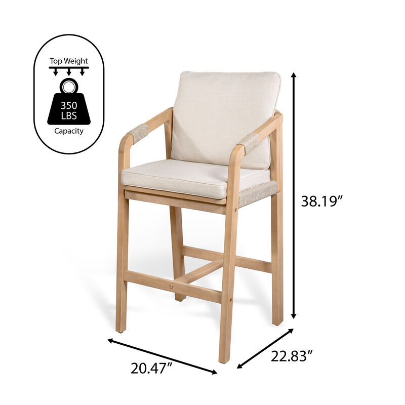 Porto Modern Coastal Tub Roped Acacia Wood Outdoor Bar Stool with Cushions and Armrests