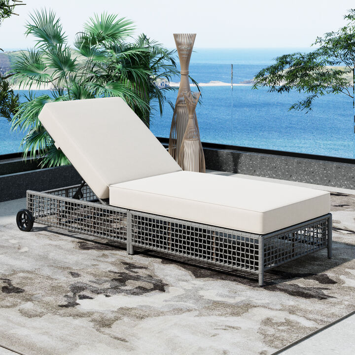 Merax Rattan Outdoor Lounge Chair with Cushion and Wheels for Poolside
