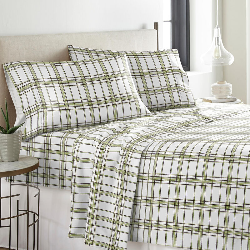 Pointehaven Heavy Weight 100% Cotton Sage Plaid Printed 170 GSM Flannel 4 pc Sheet Set, King