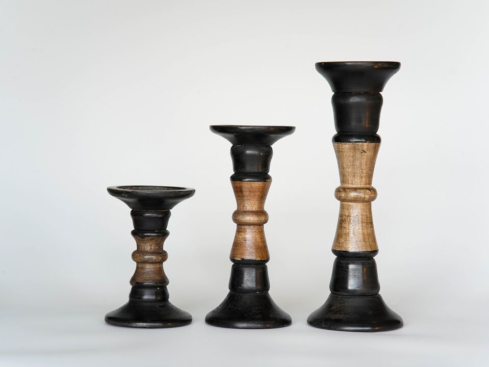 Traditional Dark Polish Eco-friendly Handmade Mango Wood Set Of Three 6",9" & 12" Pillar Candle Holder